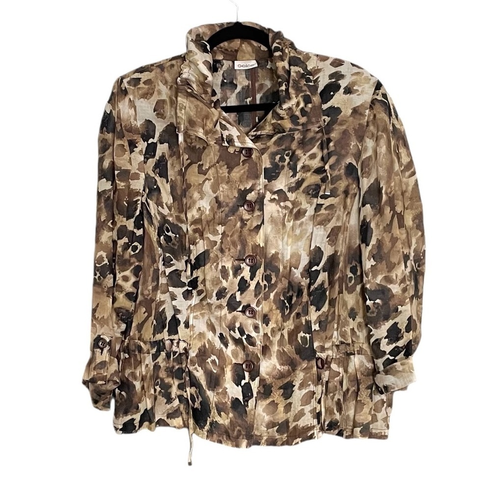 GELCO Leopard Print Button Front Lightweight Jacket Blouse Brown Tan XL